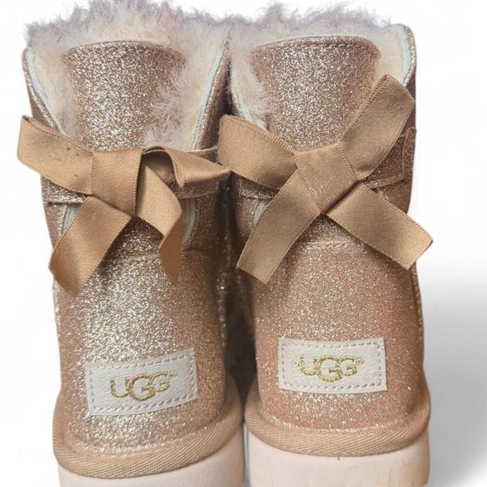 UGG Classic Mini Bailey Bow II Glitter Gold Boots Shearling Women’s Size 7 - Picture 7 of 7